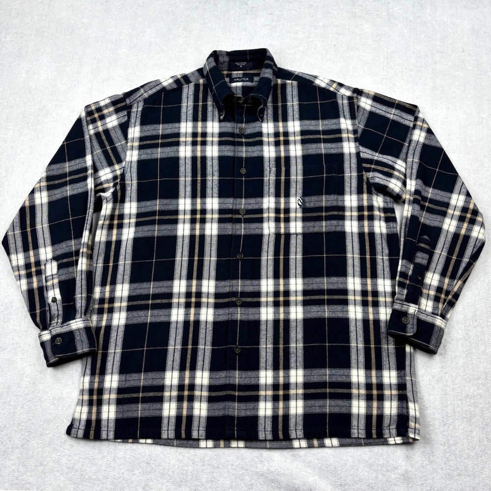 Vintage Nautica Flannel Shirt Mens Medium Navy Blue Plaid Heavy Cotton Button Up